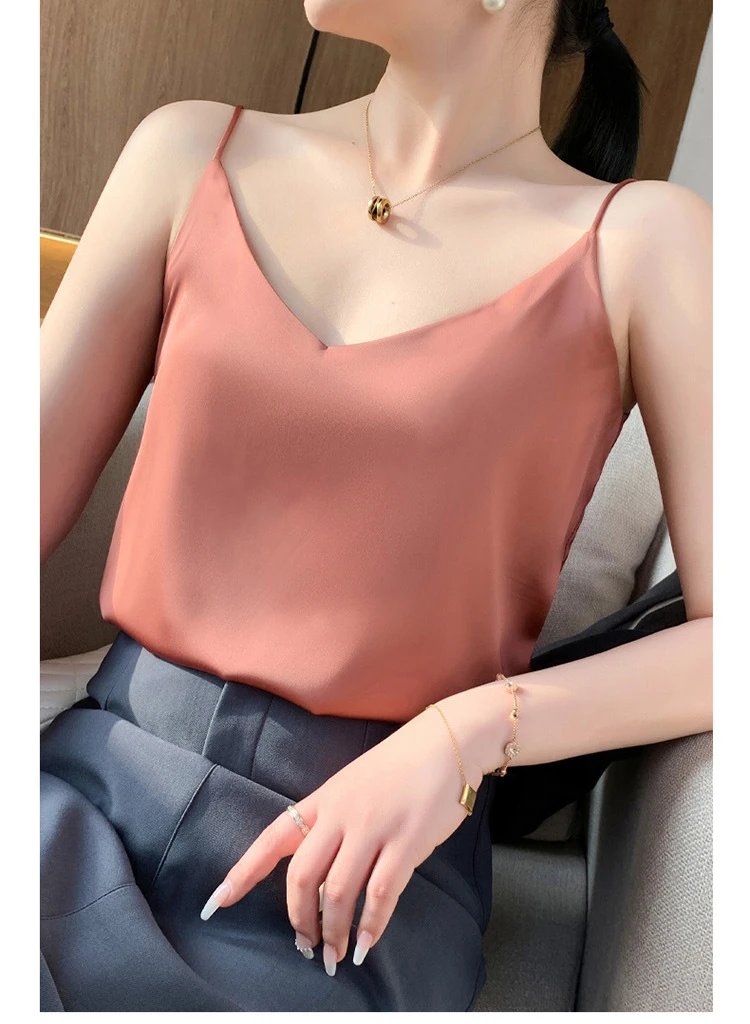 Fashion Silky Camisole Women's Inner With White Bottoming Satin Top Summer V-neck Thin Section