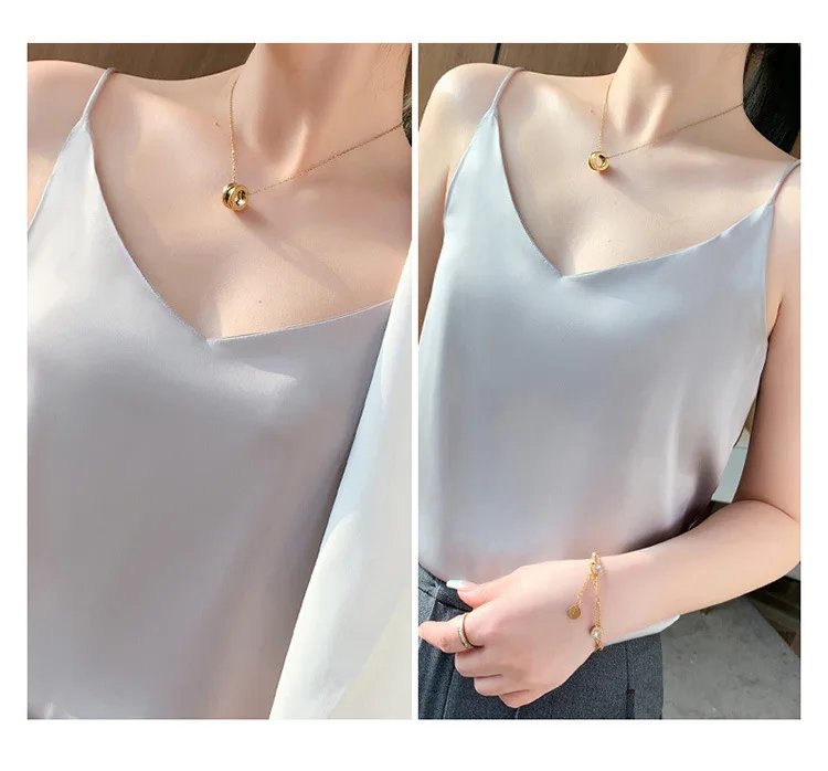 Fashion Silky Camisole Women's Inner With White Bottoming Satin Top Summer V-neck Thin Section