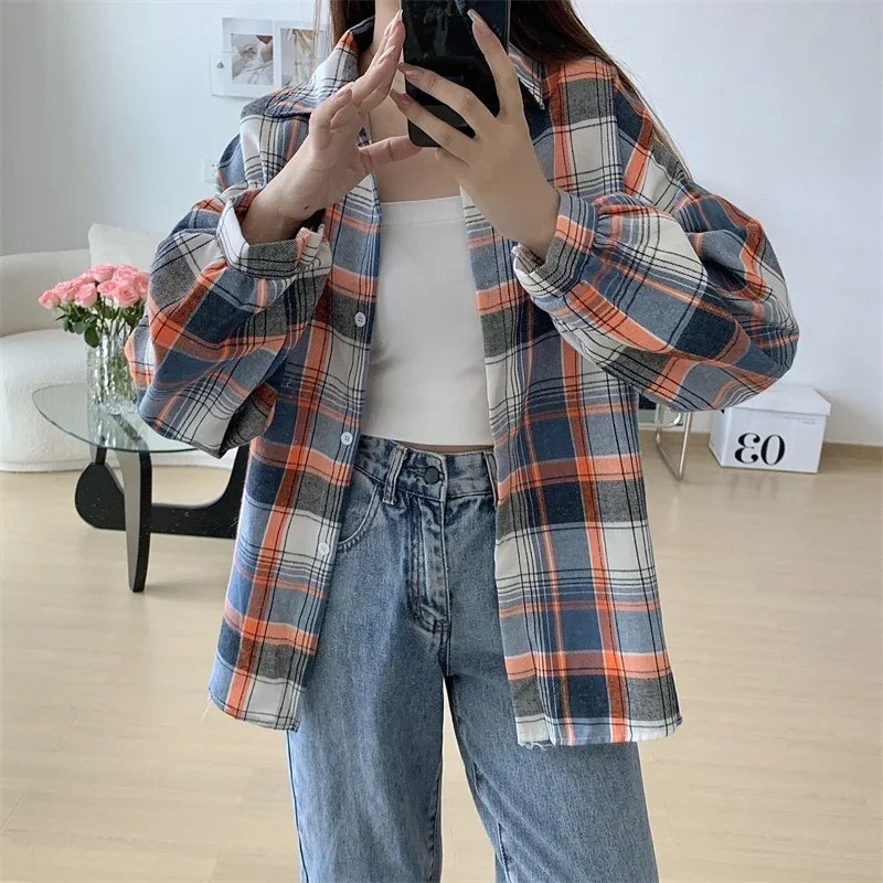 Plaid Shirt Women Autumn Long Sleeve Top Female Vintage Fashion Single Breasted Blouse Ladies Preppy Style Loose Check Shirts Plaid Shirt Women Autumn Long Sleeve Top Female Vintage Fashion Single Breasted Blouse Ladies Preppy Style Loose Check Shirts