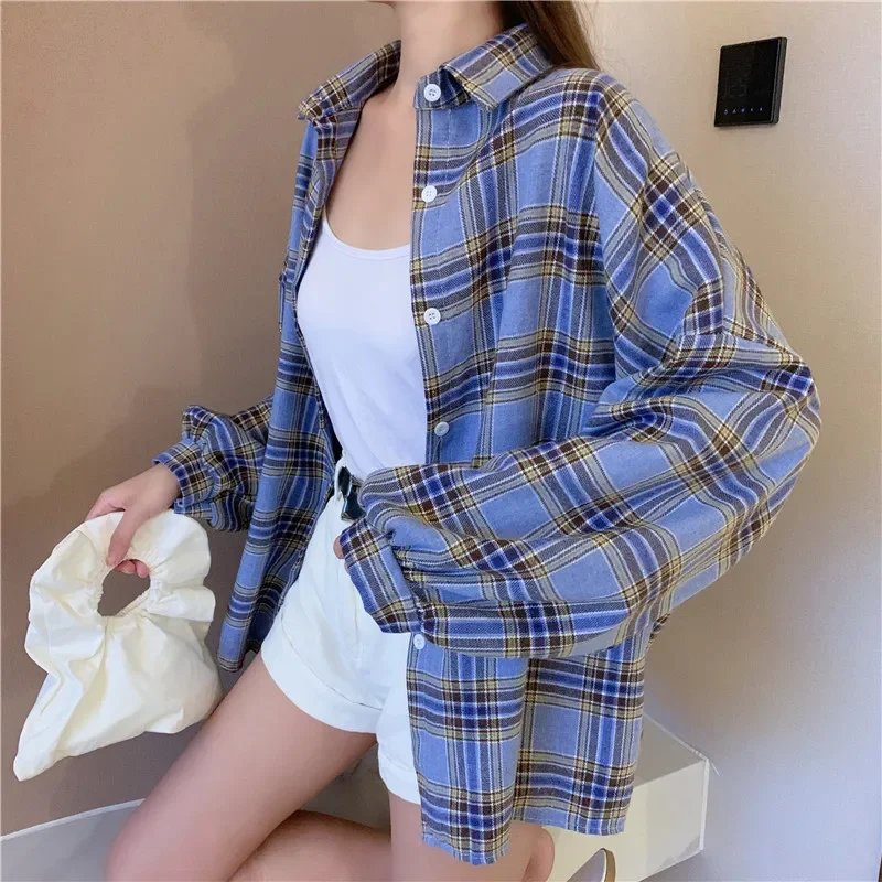Plaid Shirt Women Autumn Long Sleeve Top Female Vintage Fashion Single Breasted Blouse Ladies Preppy Style Loose Check Shirts Plaid Shirt Women Autumn Long Sleeve Top Female Vintage Fashion Single Breasted Blouse Ladies Preppy Style Loose Check Shirts