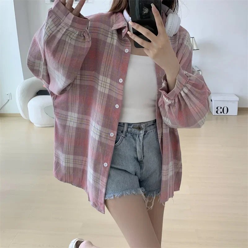 Plaid Shirt Women Autumn Long Sleeve Top Female Vintage Fashion Single Breasted Blouse Ladies Preppy Style Loose Check Shirts Plaid Shirt Women Autumn Long Sleeve Top Female Vintage Fashion Single Breasted Blouse Ladies Preppy Style Loose Check Shirts