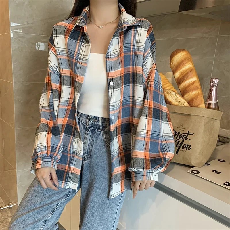 Plaid Shirt Women Autumn Long Sleeve Top Female Vintage Fashion Single Breasted Blouse Ladies Preppy Style Loose Check Shirts Plaid Shirt Women Autumn Long Sleeve Top Female Vintage Fashion Single Breasted Blouse Ladies Preppy Style Loose Check Shirts