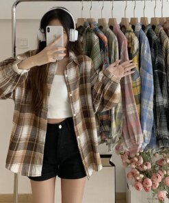 Plaid Shirt Women Autumn Long Sleeve Top Female Vintage Fashion Single Breasted Blouse Ladies Preppy Style Loose Check Shirts