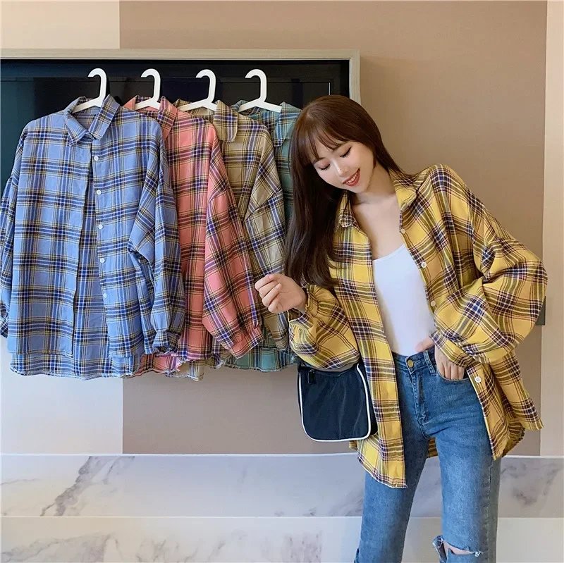 Plaid Shirt Women Autumn Long Sleeve Top Female Vintage Fashion Single Breasted Blouse Ladies Preppy Style Loose Check Shirts Plaid Shirt Women Autumn Long Sleeve Top Female Vintage Fashion Single Breasted Blouse Ladies Preppy Style Loose Check Shirts