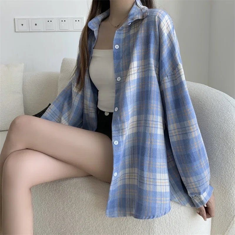 Plaid Shirt Women Autumn Long Sleeve Top Female Vintage Fashion Single Breasted Blouse Ladies Preppy Style Loose Check Shirts Plaid Shirt Women Autumn Long Sleeve Top Female Vintage Fashion Single Breasted Blouse Ladies Preppy Style Loose Check Shirts