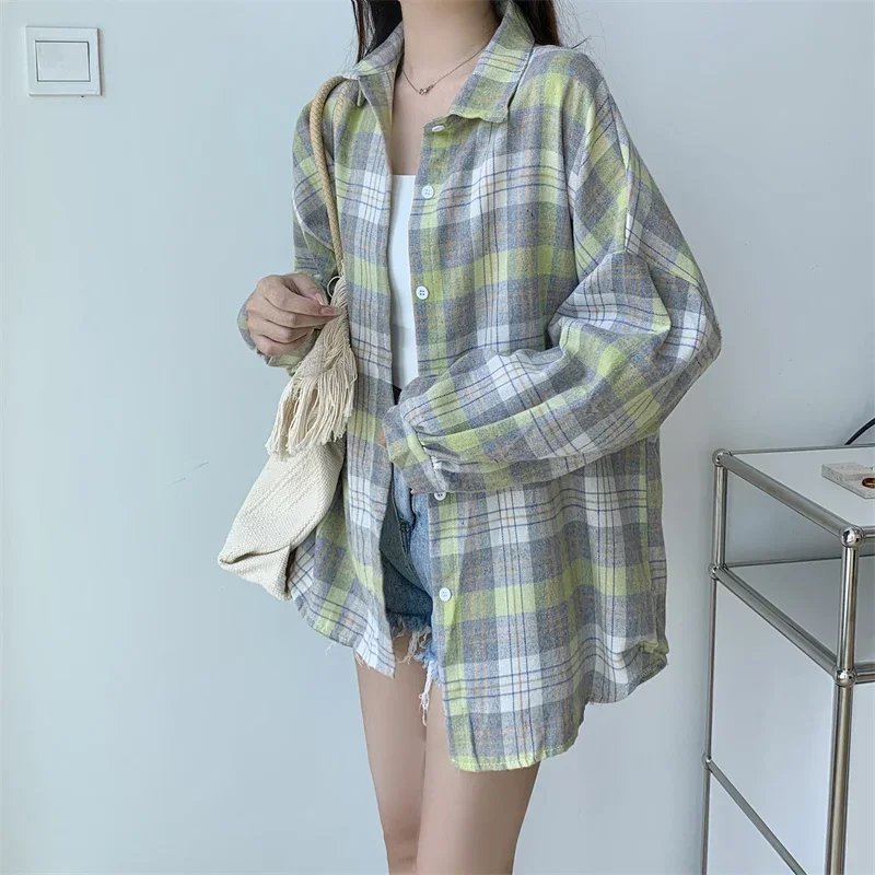 Plaid Shirt Women Autumn Long Sleeve Top Female Vintage Fashion Single Breasted Blouse Ladies Preppy Style Loose Check Shirts Plaid Shirt Women Autumn Long Sleeve Top Female Vintage Fashion Single Breasted Blouse Ladies Preppy Style Loose Check Shirts