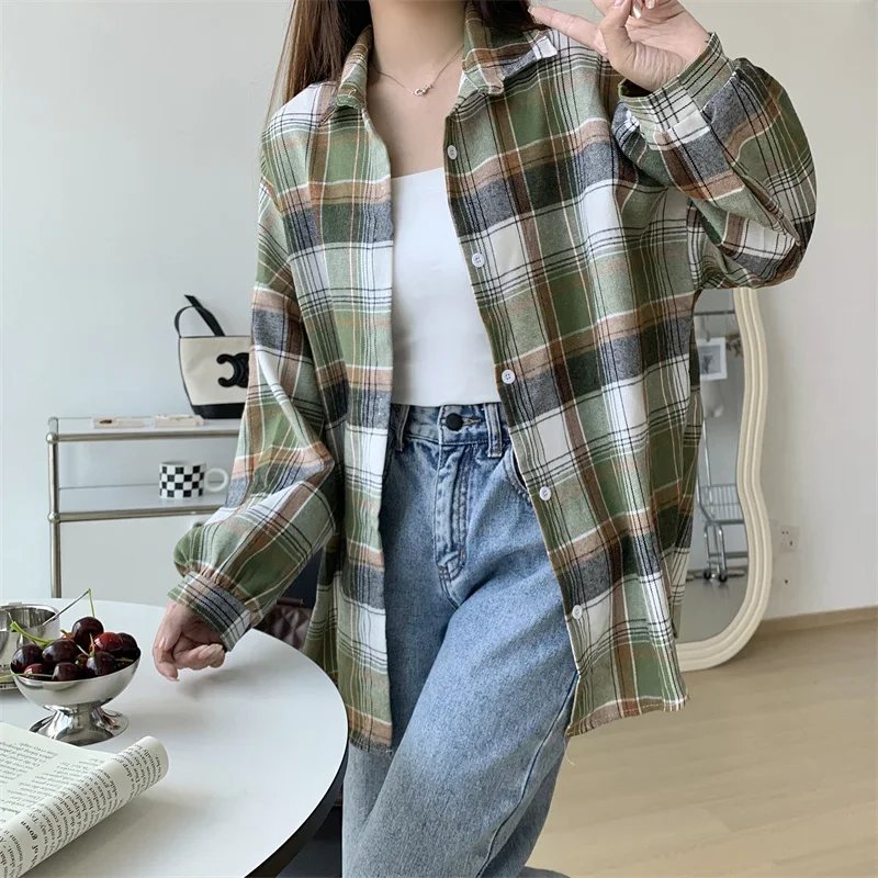 Plaid Shirt Women Autumn Long Sleeve Top Female Vintage Fashion Single Breasted Blouse Ladies Preppy Style Loose Check Shirts Plaid Shirt Women Autumn Long Sleeve Top Female Vintage Fashion Single Breasted Blouse Ladies Preppy Style Loose Check Shirts