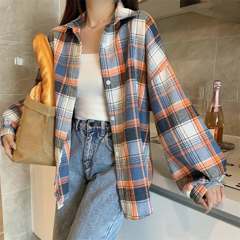 Plaid Shirt Women Autumn Long Sleeve Top Female Vintage Fashion Single Breasted Blouse Ladies Preppy Style Loose Check Shirts Plaid Shirt Women Autumn Long Sleeve Top Female Vintage Fashion Single Breasted Blouse Ladies Preppy Style Loose Check Shirts
