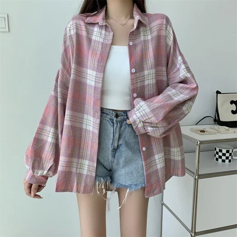 Plaid Shirt Women Autumn Long Sleeve Top Female Vintage Fashion Single Breasted Blouse Ladies Preppy Style Loose Check Shirts Plaid Shirt Women Autumn Long Sleeve Top Female Vintage Fashion Single Breasted Blouse Ladies Preppy Style Loose Check Shirts