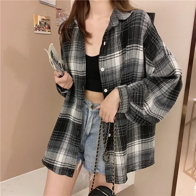 Plaid Shirt Women Autumn Long Sleeve Top Female Vintage Fashion Single Breasted Blouse Ladies Preppy Style Loose Check Shirts Plaid Shirt Women Autumn Long Sleeve Top Female Vintage Fashion Single Breasted Blouse Ladies Preppy Style Loose Check Shirts