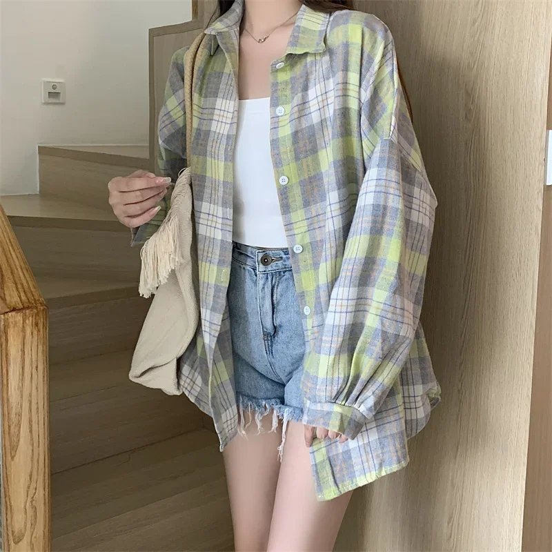 Plaid Shirt Women Autumn Long Sleeve Top Female Vintage Fashion Single Breasted Blouse Ladies Preppy Style Loose Check Shirts Plaid Shirt Women Autumn Long Sleeve Top Female Vintage Fashion Single Breasted Blouse Ladies Preppy Style Loose Check Shirts