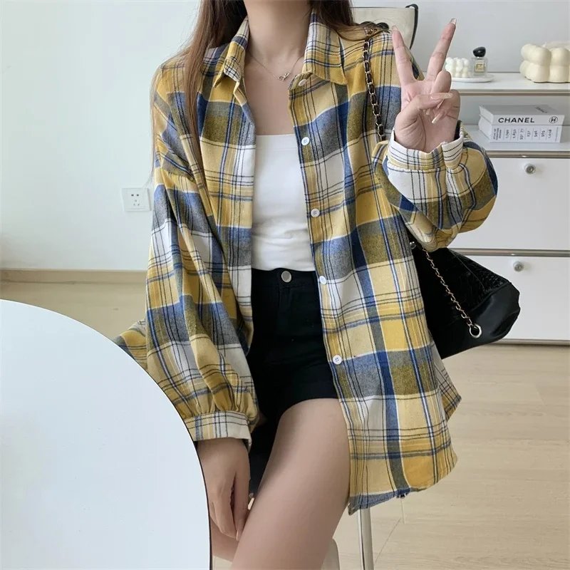 Plaid Shirt Women Autumn Long Sleeve Top Female Vintage Fashion Single Breasted Blouse Ladies Preppy Style Loose Check Shirts Plaid Shirt Women Autumn Long Sleeve Top Female Vintage Fashion Single Breasted Blouse Ladies Preppy Style Loose Check Shirts