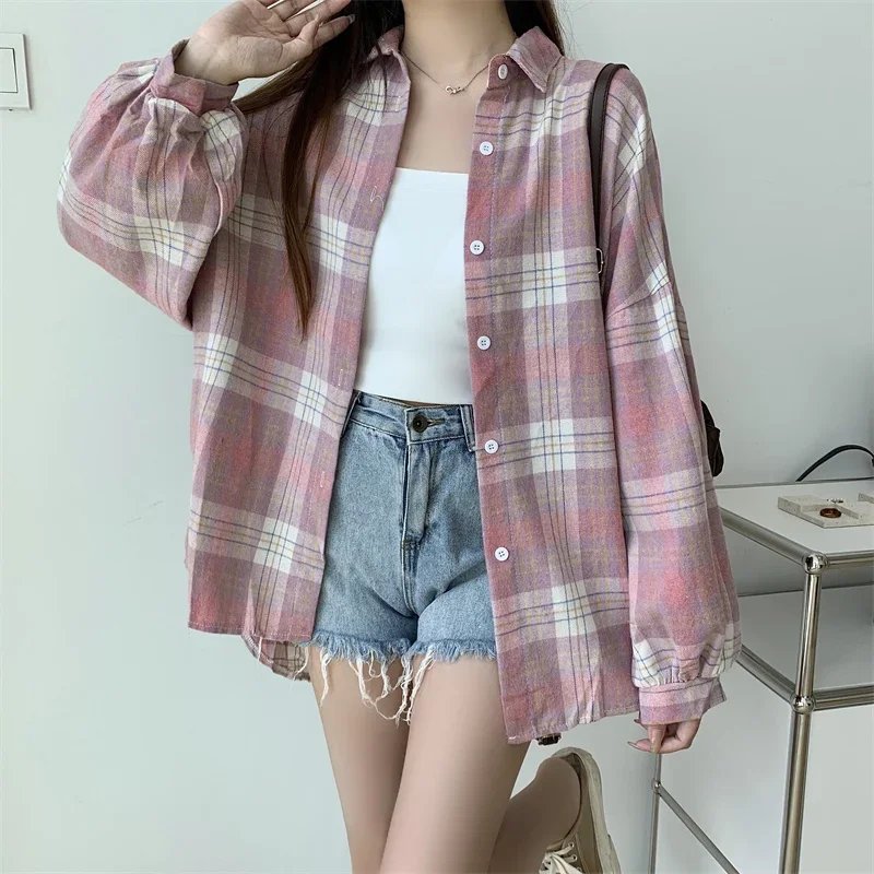 Plaid Shirt Women Autumn Long Sleeve Top Female Vintage Fashion Single Breasted Blouse Ladies Preppy Style Loose Check Shirts Plaid Shirt Women Autumn Long Sleeve Top Female Vintage Fashion Single Breasted Blouse Ladies Preppy Style Loose Check Shirts