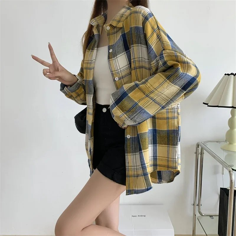 Plaid Shirt Women Autumn Long Sleeve Top Female Vintage Fashion Single Breasted Blouse Ladies Preppy Style Loose Check Shirts Plaid Shirt Women Autumn Long Sleeve Top Female Vintage Fashion Single Breasted Blouse Ladies Preppy Style Loose Check Shirts