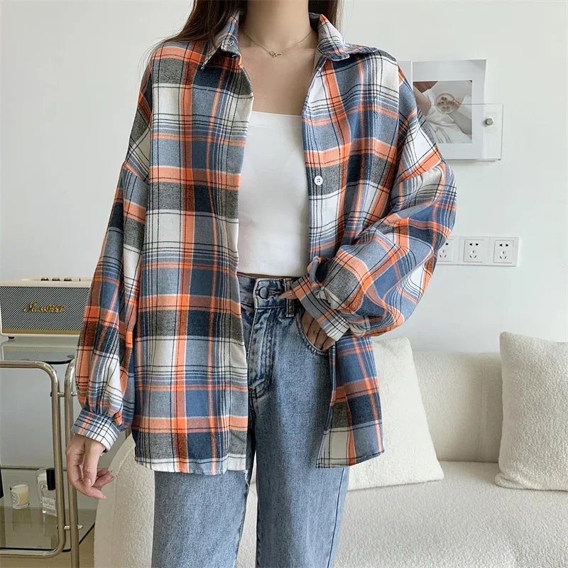 Plaid Shirt Women Autumn Long Sleeve Top Female Vintage Fashion Single Breasted Blouse Ladies Preppy Style Loose Check Shirts Plaid Shirt Women Autumn Long Sleeve Top Female Vintage Fashion Single Breasted Blouse Ladies Preppy Style Loose Check Shirts