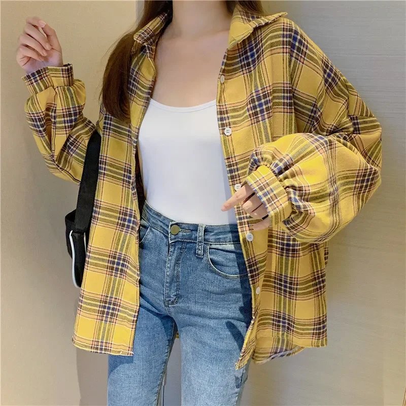 Plaid Shirt Women Autumn Long Sleeve Top Female Vintage Fashion Single Breasted Blouse Ladies Preppy Style Loose Check Shirts Plaid Shirt Women Autumn Long Sleeve Top Female Vintage Fashion Single Breasted Blouse Ladies Preppy Style Loose Check Shirts