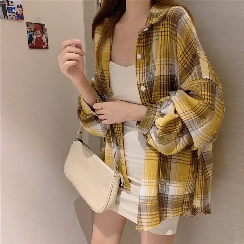 Plaid Shirt Women Autumn Long Sleeve Top Female Vintage Fashion Single Breasted Blouse Ladies Preppy Style Loose Check Shirts Plaid Shirt Women Autumn Long Sleeve Top Female Vintage Fashion Single Breasted Blouse Ladies Preppy Style Loose Check Shirts