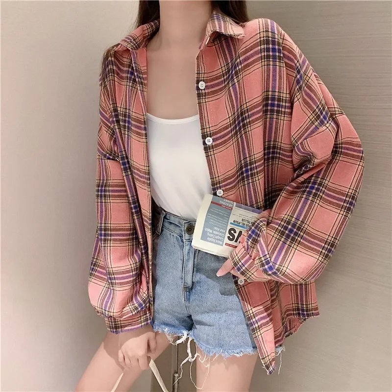 Plaid Shirt Women Autumn Long Sleeve Top Female Vintage Fashion Single Breasted Blouse Ladies Preppy Style Loose Check Shirts Plaid Shirt Women Autumn Long Sleeve Top Female Vintage Fashion Single Breasted Blouse Ladies Preppy Style Loose Check Shirts
