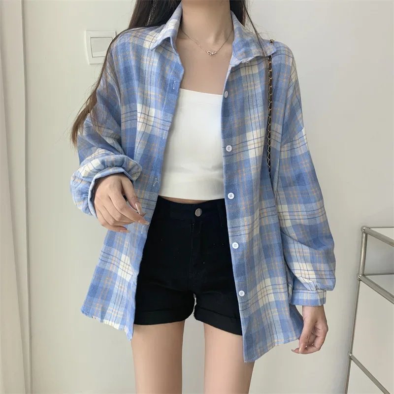 Plaid Shirt Women Autumn Long Sleeve Top Female Vintage Fashion Single Breasted Blouse Ladies Preppy Style Loose Check Shirts Plaid Shirt Women Autumn Long Sleeve Top Female Vintage Fashion Single Breasted Blouse Ladies Preppy Style Loose Check Shirts