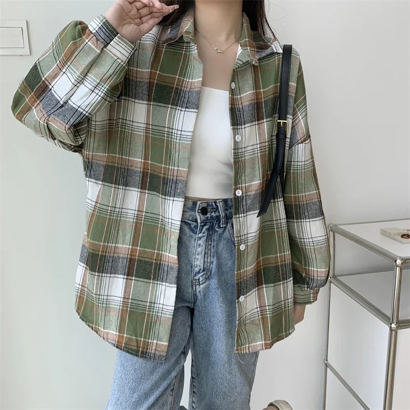 Plaid Shirt Women Autumn Long Sleeve Top Female Vintage Fashion Single Breasted Blouse Ladies Preppy Style Loose Check Shirts Plaid Shirt Women Autumn Long Sleeve Top Female Vintage Fashion Single Breasted Blouse Ladies Preppy Style Loose Check Shirts