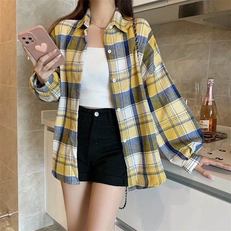 Plaid Shirt Women Autumn Long Sleeve Top Female Vintage Fashion Single Breasted Blouse Ladies Preppy Style Loose Check Shirts Plaid Shirt Women Autumn Long Sleeve Top Female Vintage Fashion Single Breasted Blouse Ladies Preppy Style Loose Check Shirts