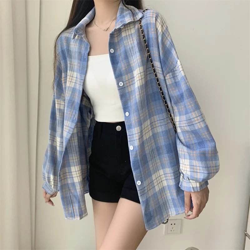 Plaid Shirt Women Autumn Long Sleeve Top Female Vintage Fashion Single Breasted Blouse Ladies Preppy Style Loose Check Shirts Plaid Shirt Women Autumn Long Sleeve Top Female Vintage Fashion Single Breasted Blouse Ladies Preppy Style Loose Check Shirts