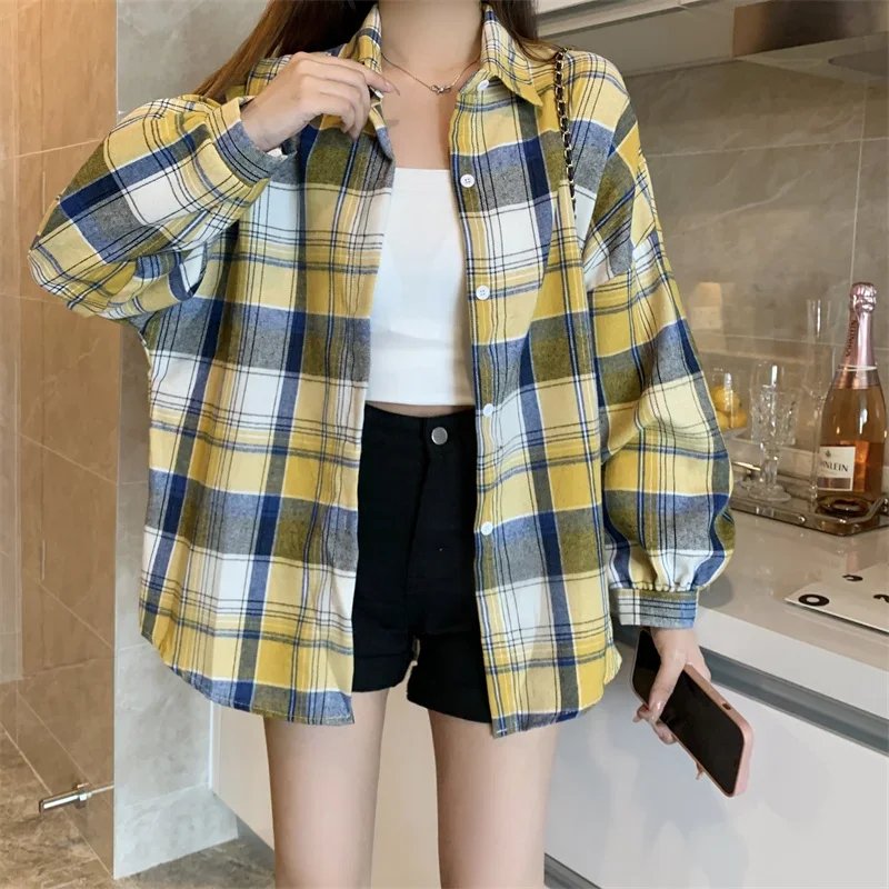 Plaid Shirt Women Autumn Long Sleeve Top Female Vintage Fashion Single Breasted Blouse Ladies Preppy Style Loose Check Shirts Plaid Shirt Women Autumn Long Sleeve Top Female Vintage Fashion Single Breasted Blouse Ladies Preppy Style Loose Check Shirts