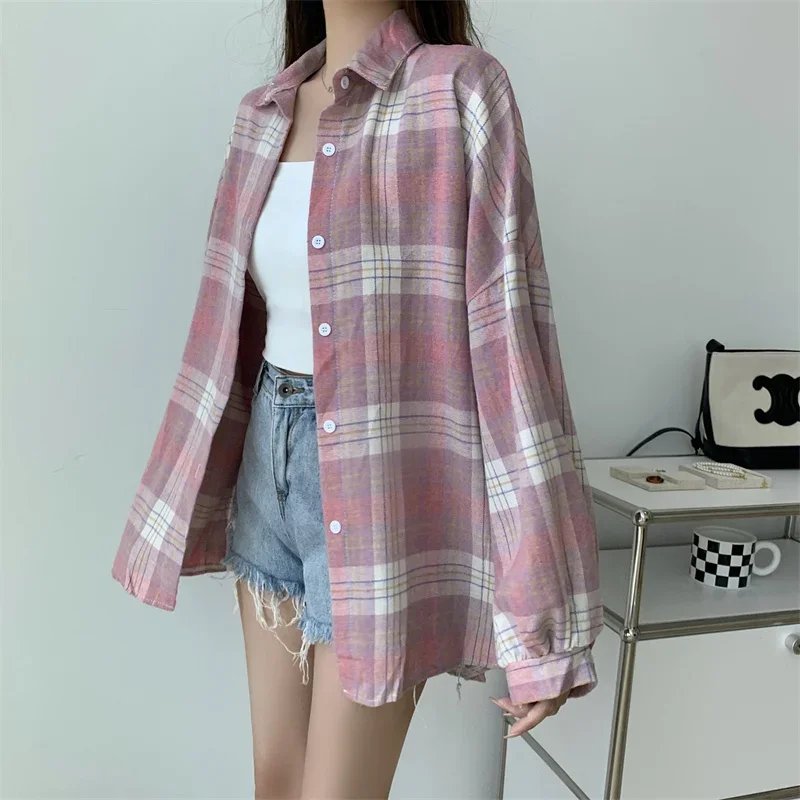 Plaid Shirt Women Autumn Long Sleeve Top Female Vintage Fashion Single Breasted Blouse Ladies Preppy Style Loose Check Shirts Plaid Shirt Women Autumn Long Sleeve Top Female Vintage Fashion Single Breasted Blouse Ladies Preppy Style Loose Check Shirts