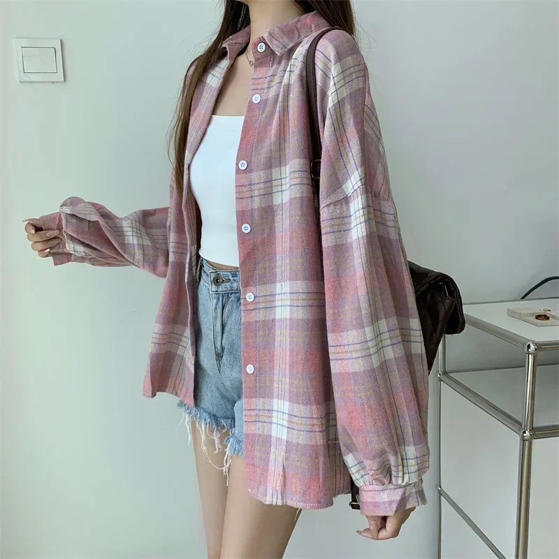 Plaid Shirt Women Autumn Long Sleeve Top Female Vintage Fashion Single Breasted Blouse Ladies Preppy Style Loose Check Shirts Plaid Shirt Women Autumn Long Sleeve Top Female Vintage Fashion Single Breasted Blouse Ladies Preppy Style Loose Check Shirts
