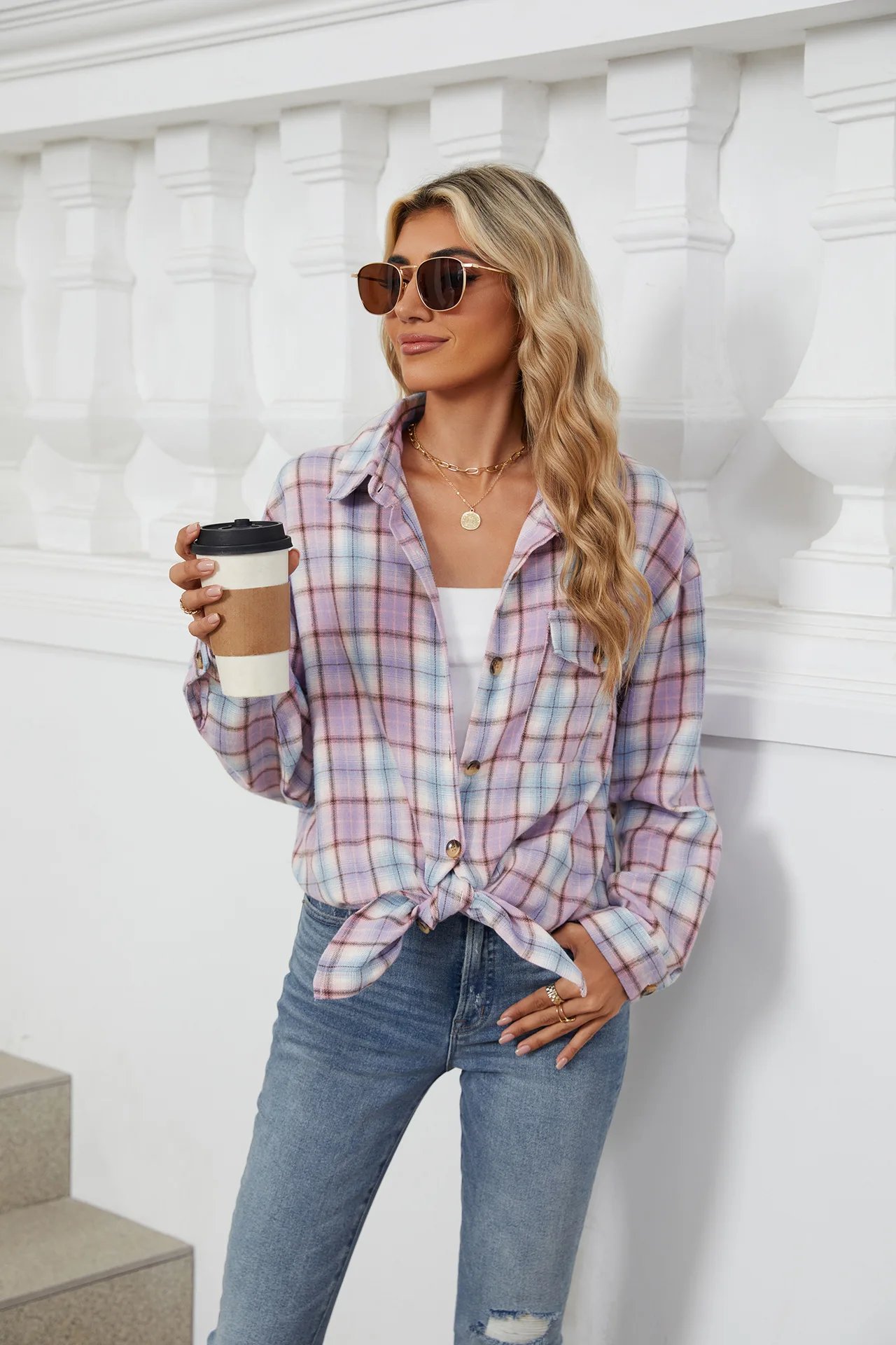 Loose Pocket Patchwork Single Breasted Cardigan Shirt For Women 2024 Autumn/winter Checkered Shirt Brushed Long Sleeved Blouses