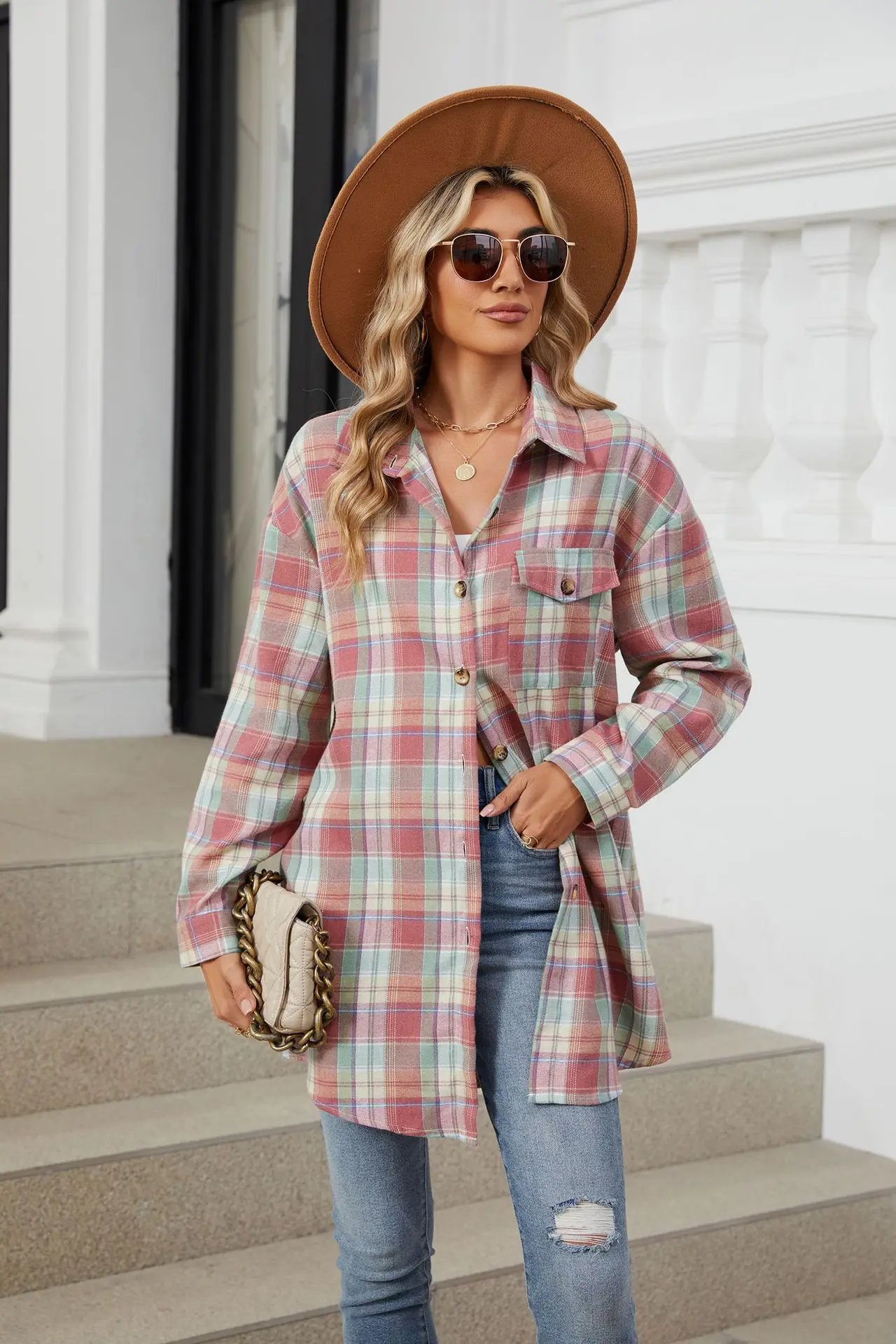 Loose Pocket Patchwork Single Breasted Cardigan Shirt For Women 2024 Autumn/winter Checkered Shirt Brushed Long Sleeved Blouses