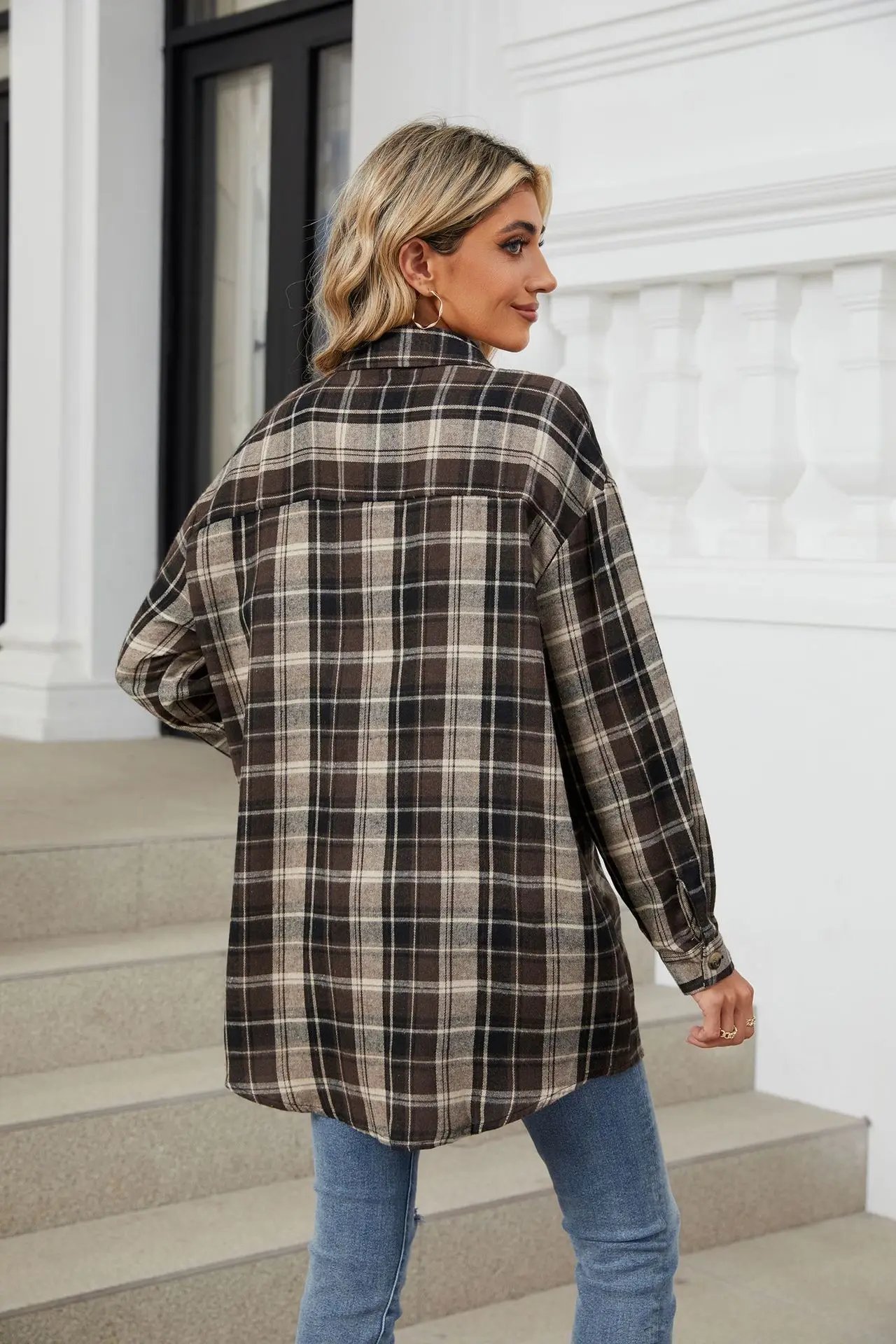 Loose Pocket Patchwork Single Breasted Cardigan Shirt For Women 2024 Autumn/winter Checkered Shirt Brushed Long Sleeved Blouses