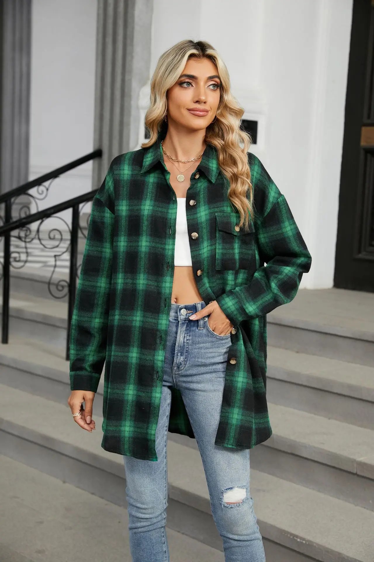 Loose Pocket Patchwork Single Breasted Cardigan Shirt For Women 2024 Autumn/winter Checkered Shirt Brushed Long Sleeved Blouses