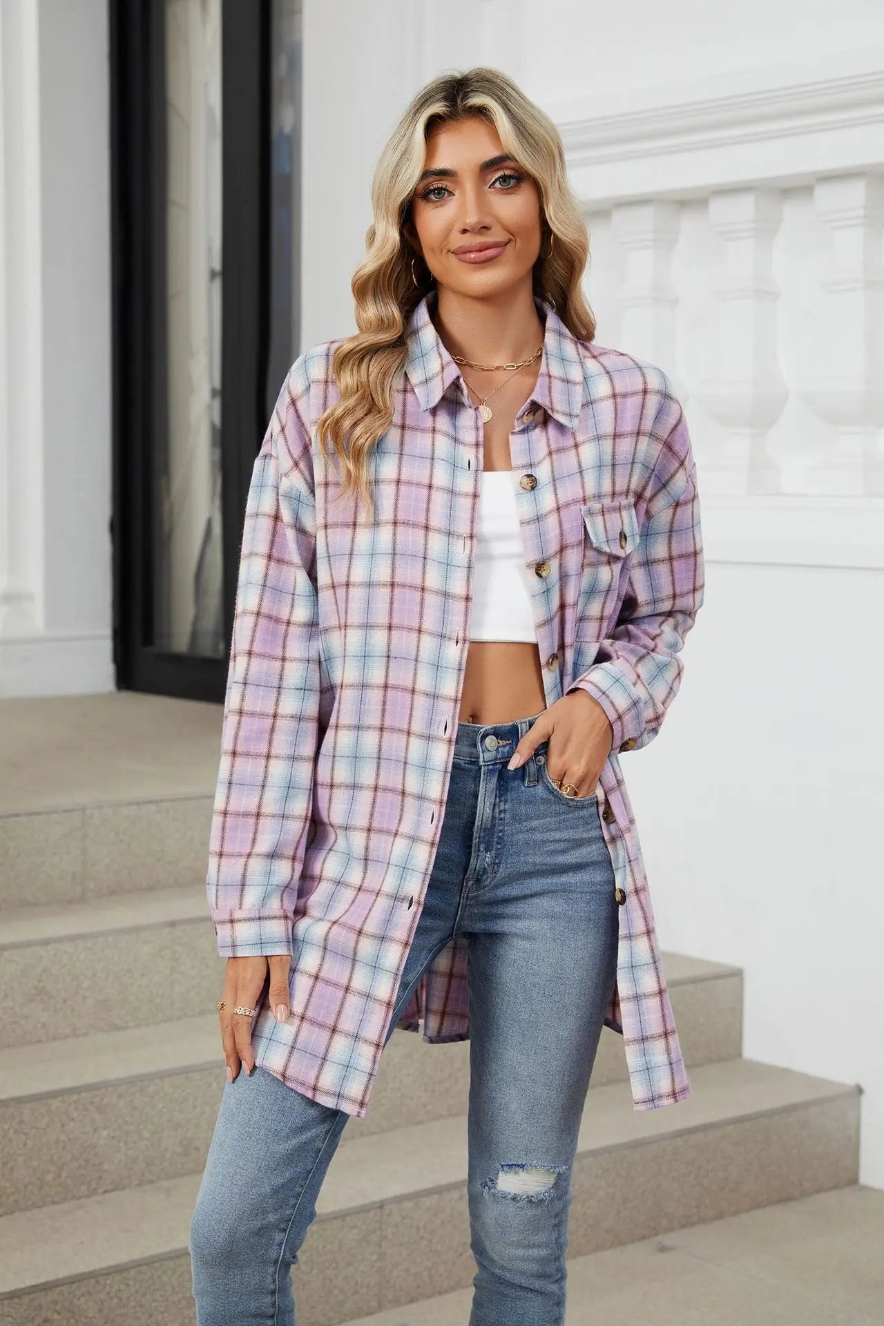 Loose Pocket Patchwork Single Breasted Cardigan Shirt For Women 2024 Autumn/winter Checkered Shirt Brushed Long Sleeved Blouses