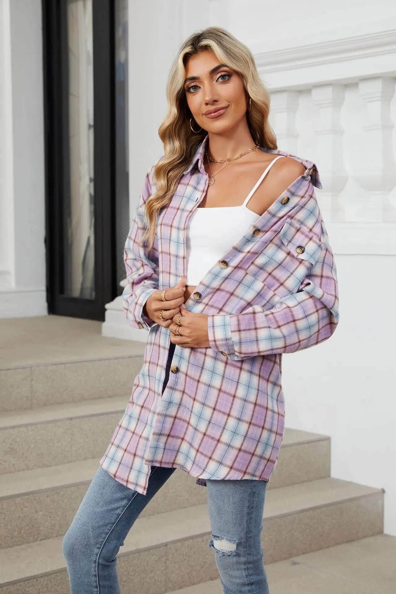 Loose Pocket Patchwork Single Breasted Cardigan Shirt For Women 2024 Autumn/winter Checkered Shirt Brushed Long Sleeved Blouses