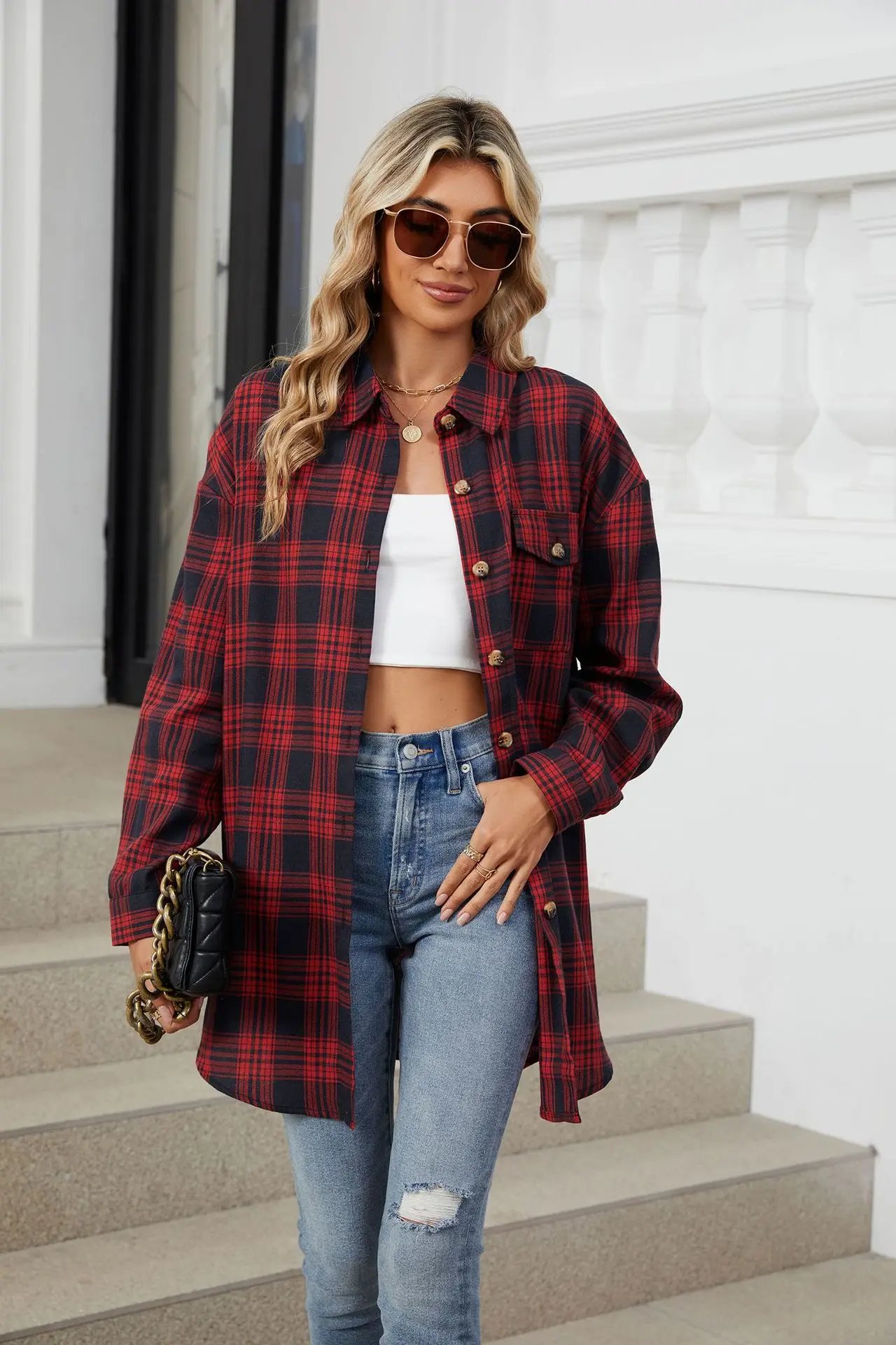 Loose Pocket Patchwork Single Breasted Cardigan Shirt For Women 2024 Autumn/winter Checkered Shirt Brushed Long Sleeved Blouses