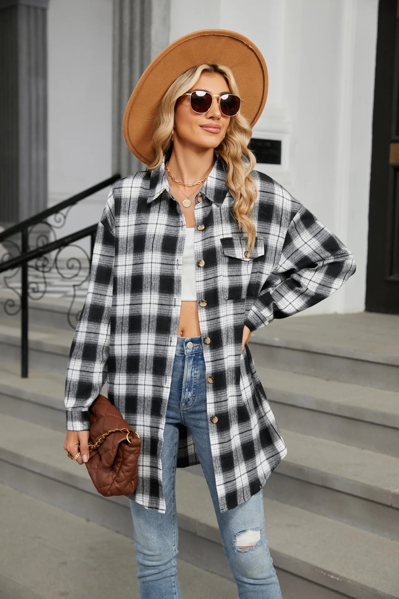 Loose Pocket Patchwork Single Breasted Cardigan Shirt For Women 2024 Autumn/winter Checkered Shirt Brushed Long Sleeved Blouses