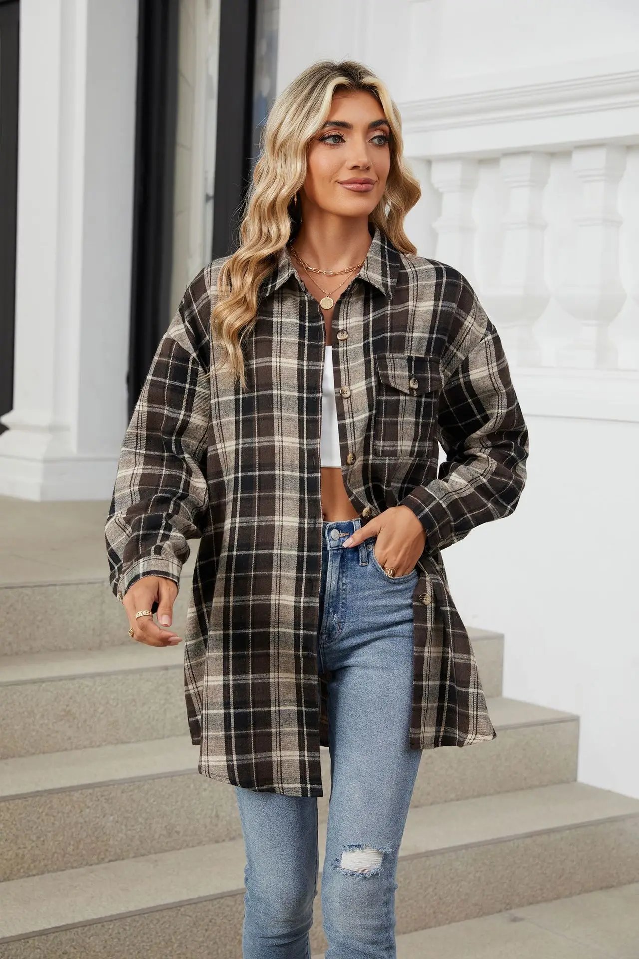 Loose Pocket Patchwork Single Breasted Cardigan Shirt For Women 2024 Autumn/winter Checkered Shirt Brushed Long Sleeved Blouses
