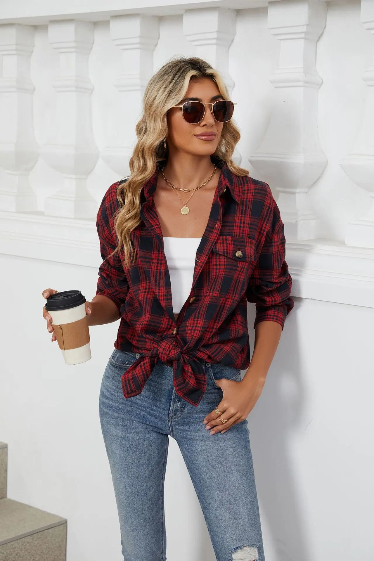 Loose Pocket Patchwork Single Breasted Cardigan Shirt For Women 2024 Autumn/winter Checkered Shirt Brushed Long Sleeved Blouses