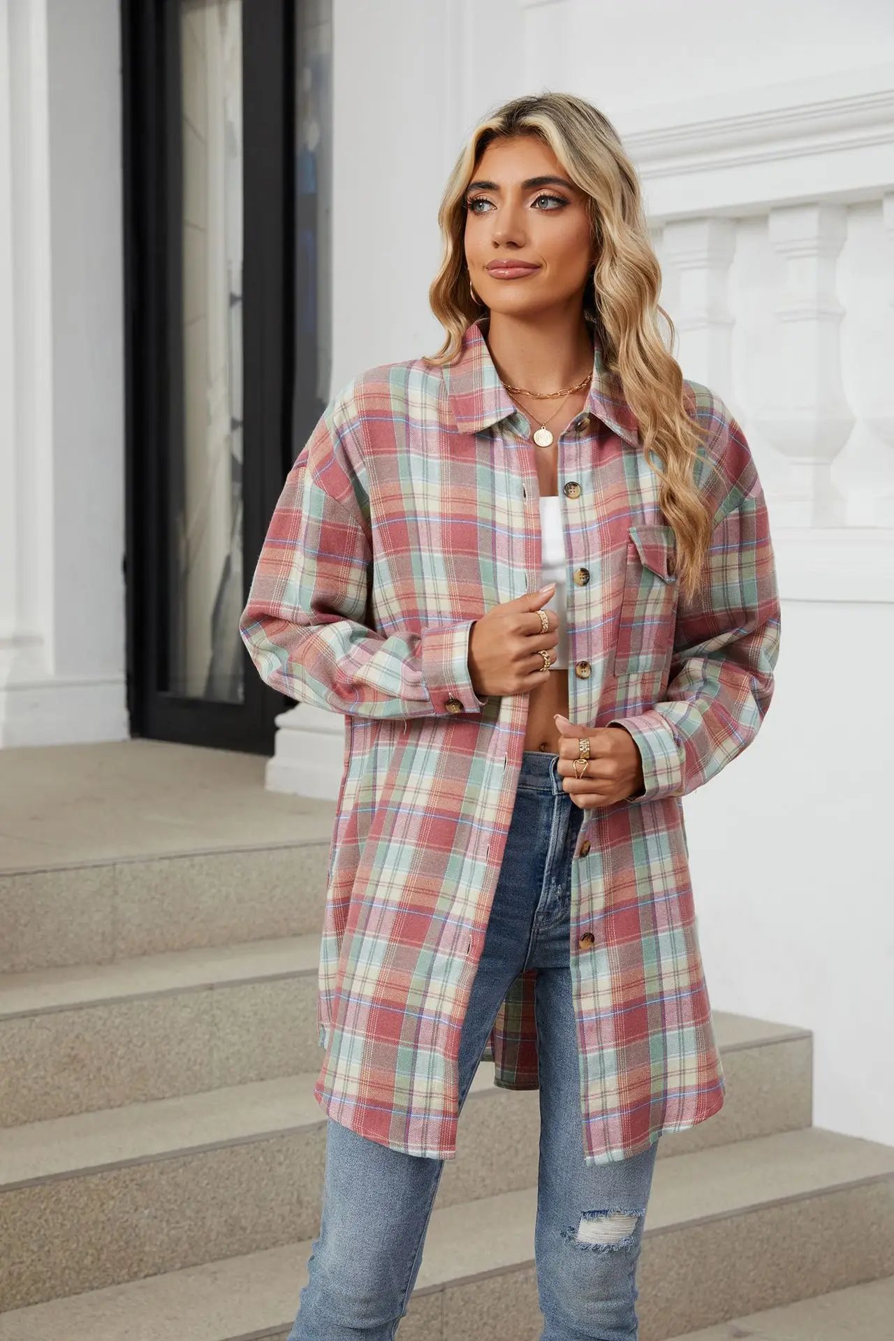 Loose Pocket Patchwork Single Breasted Cardigan Shirt For Women 2024 Autumn/winter Checkered Shirt Brushed Long Sleeved Blouses