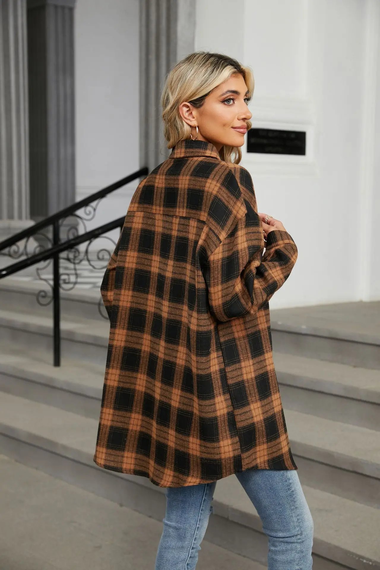 Loose Pocket Patchwork Single Breasted Cardigan Shirt For Women 2024 Autumn/winter Checkered Shirt Brushed Long Sleeved Blouses