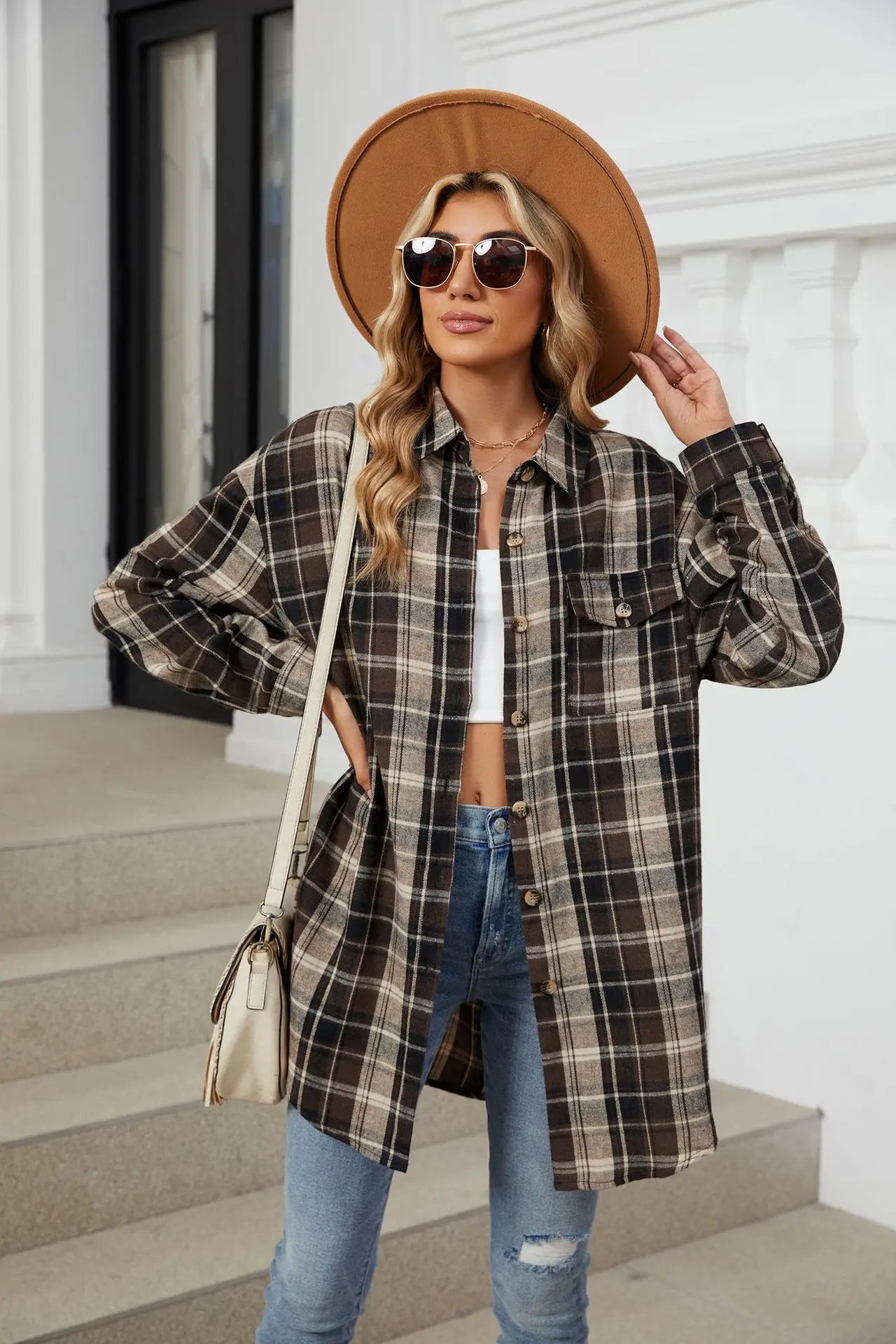 Loose Pocket Patchwork Single Breasted Cardigan Shirt For Women 2024 Autumn/winter Checkered Shirt Brushed Long Sleeved Blouses