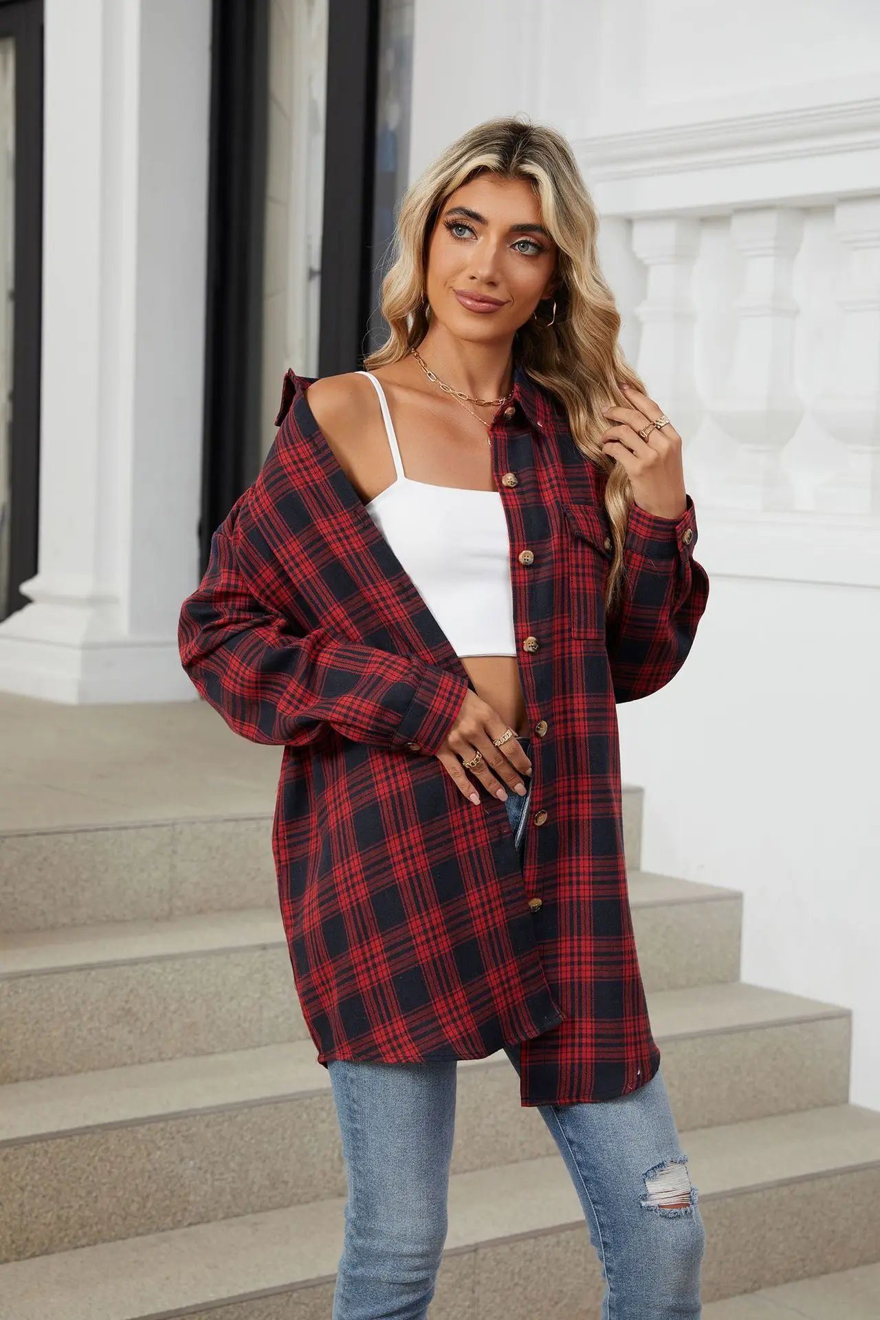 Loose Pocket Patchwork Single Breasted Cardigan Shirt For Women 2024 Autumn/winter Checkered Shirt Brushed Long Sleeved Blouses