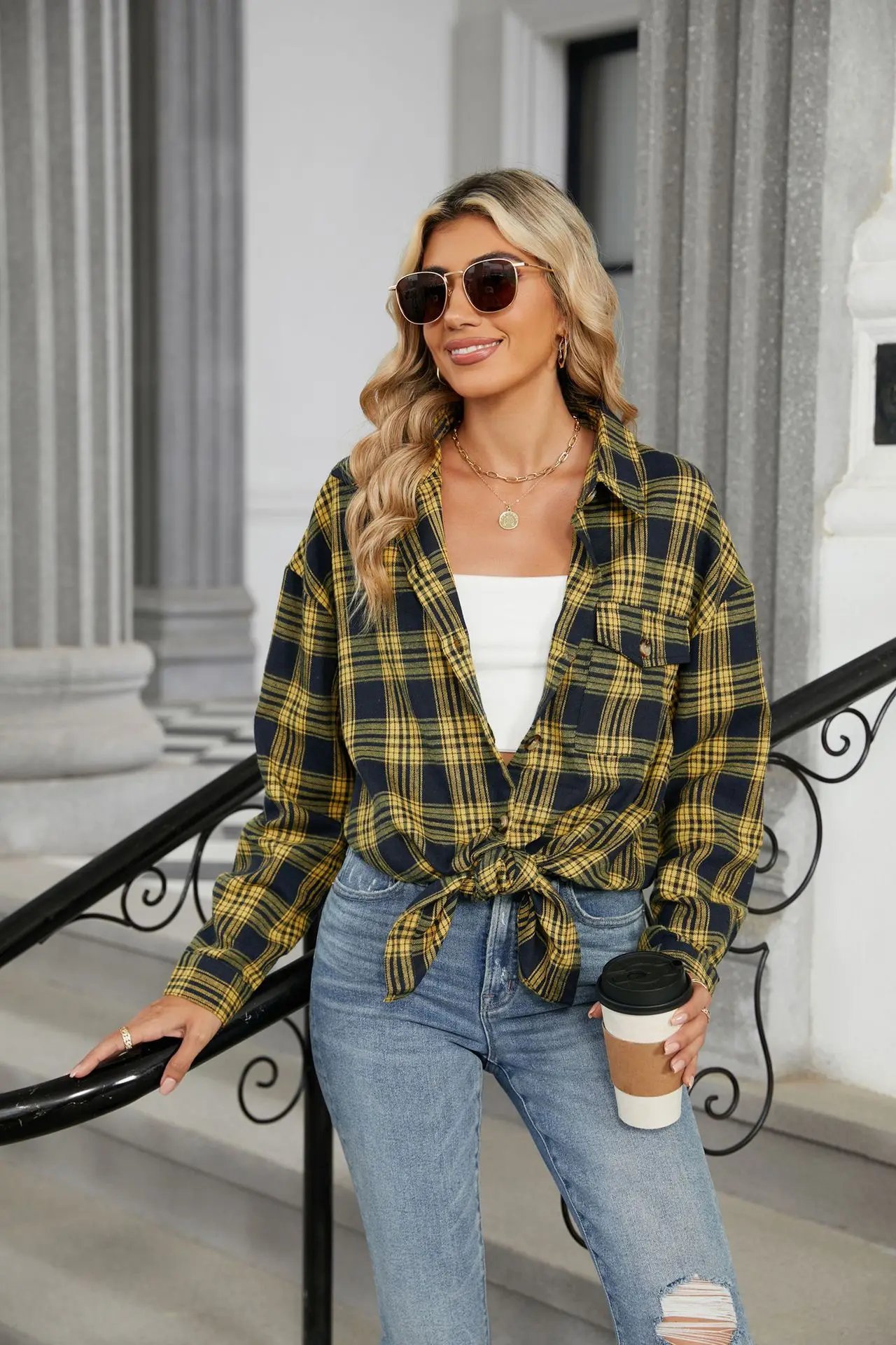 Loose Pocket Patchwork Single Breasted Cardigan Shirt For Women 2024 Autumn/winter Checkered Shirt Brushed Long Sleeved Blouses