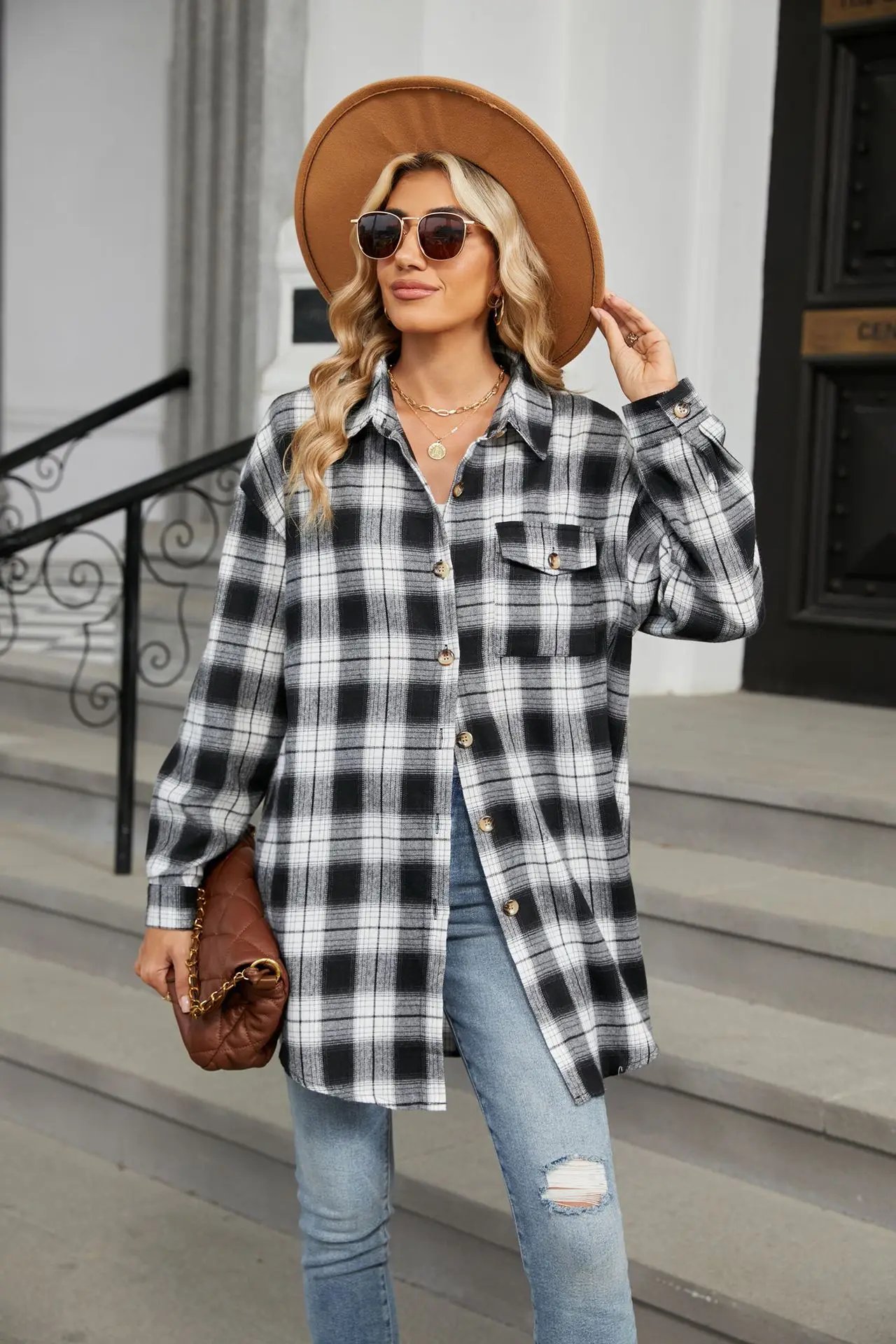 Loose Pocket Patchwork Single Breasted Cardigan Shirt For Women 2024 Autumn/winter Checkered Shirt Brushed Long Sleeved Blouses