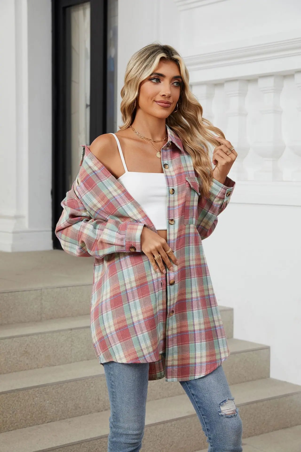 Loose Pocket Patchwork Single Breasted Cardigan Shirt For Women 2024 Autumn/winter Checkered Shirt Brushed Long Sleeved Blouses