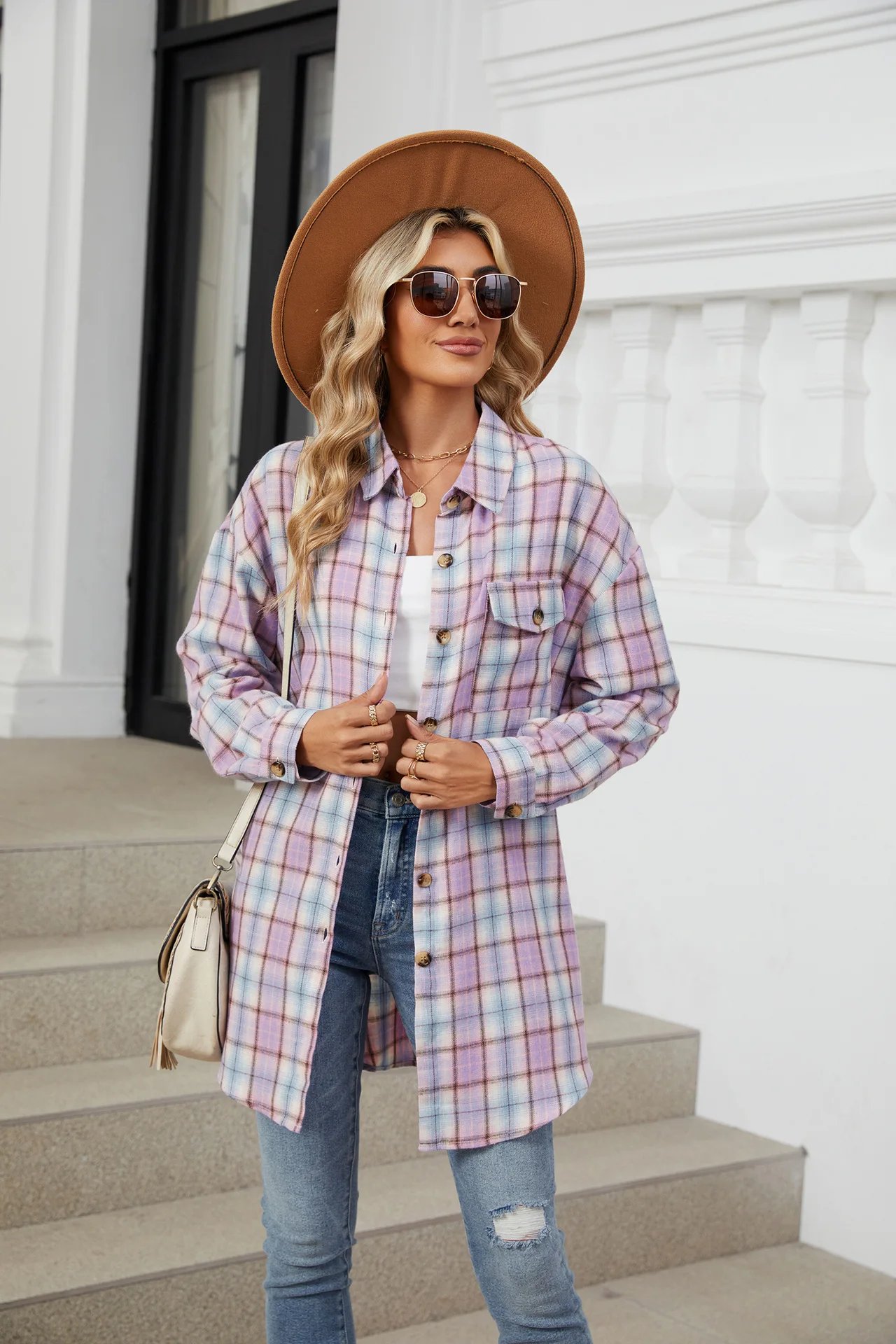 Loose Pocket Patchwork Single Breasted Cardigan Shirt For Women 2024 Autumn/winter Checkered Shirt Brushed Long Sleeved Blouses
