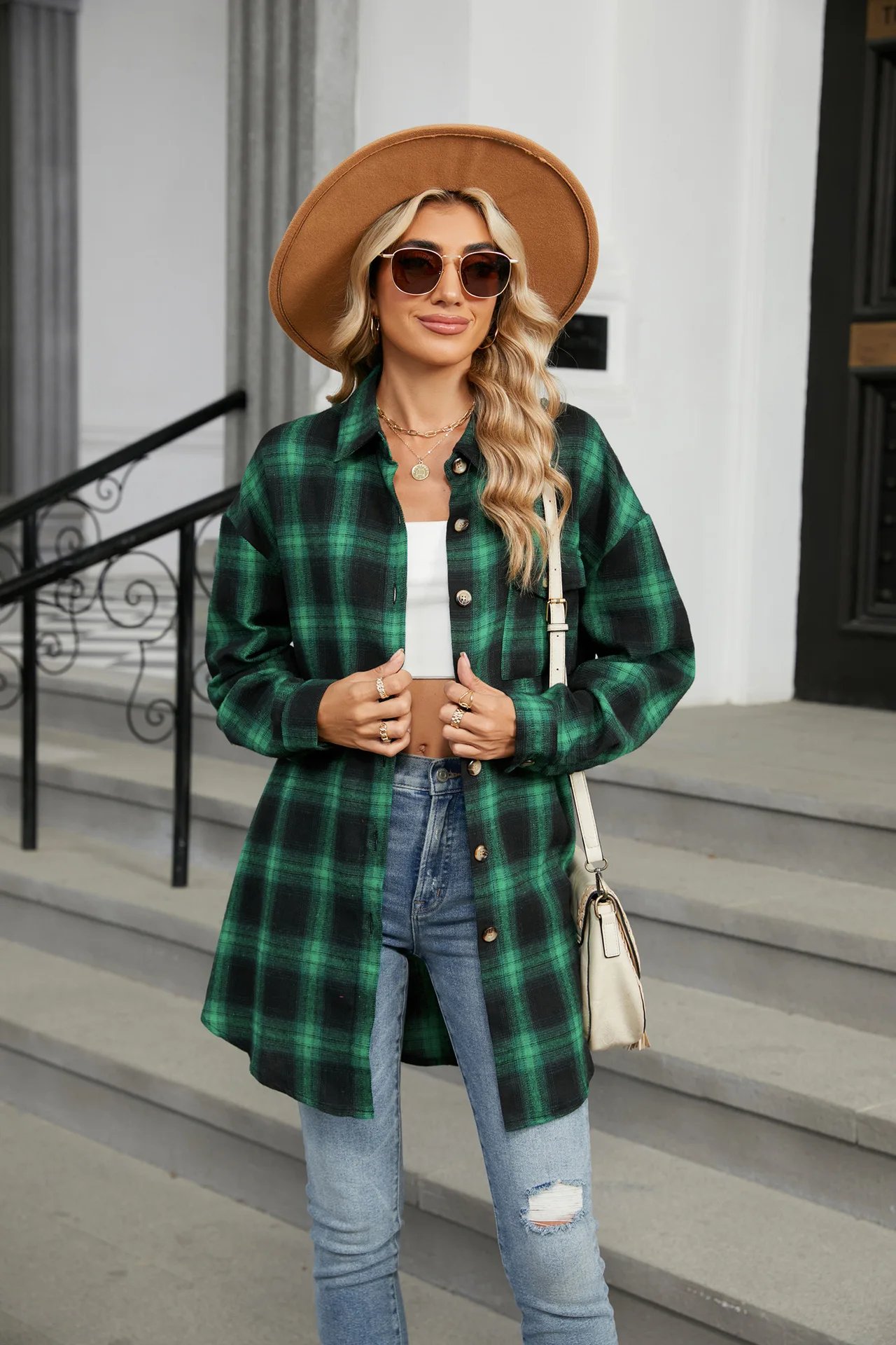 Loose Pocket Patchwork Single Breasted Cardigan Shirt For Women 2024 Autumn/winter Checkered Shirt Brushed Long Sleeved Blouses