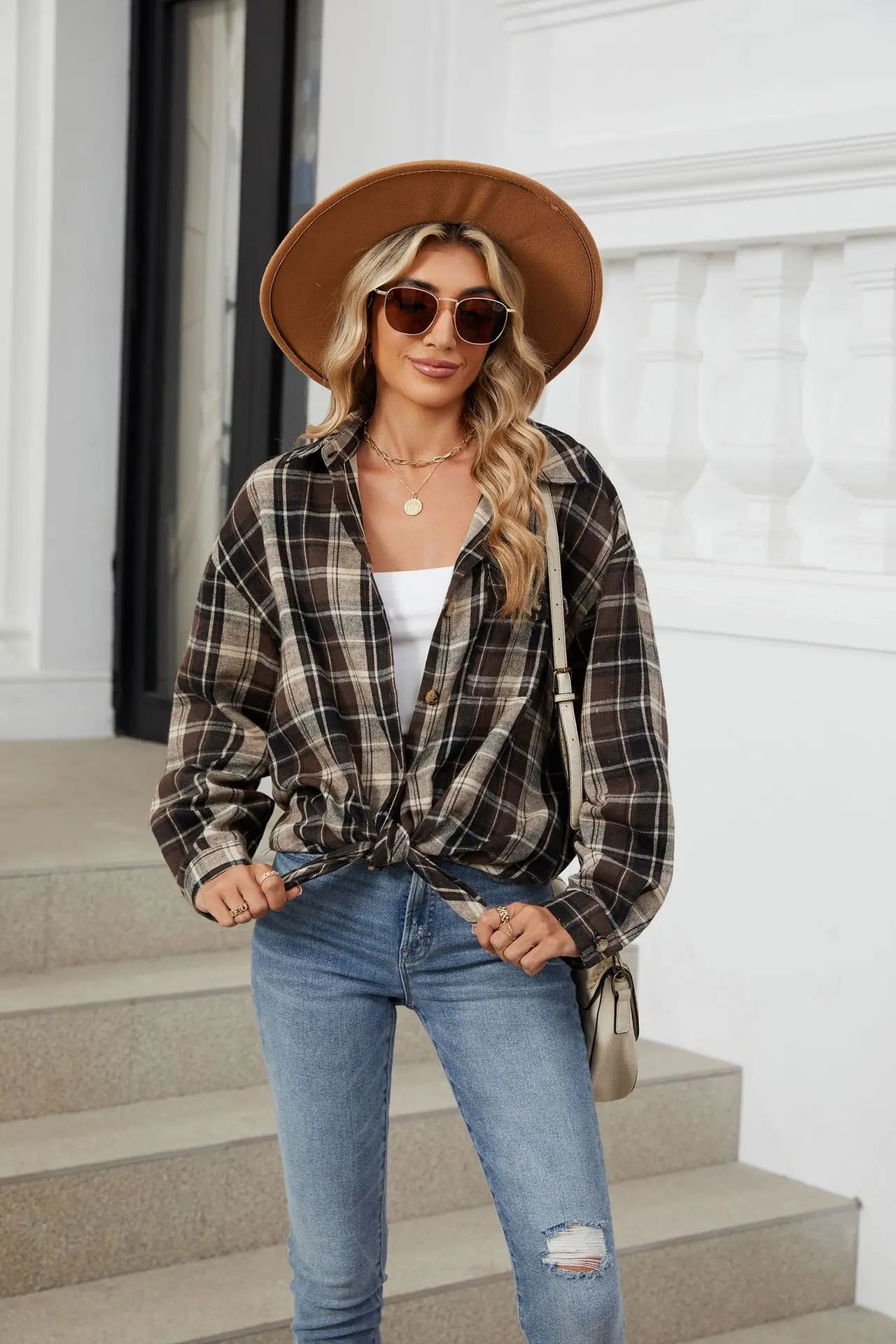 Loose Pocket Patchwork Single Breasted Cardigan Shirt For Women 2024 Autumn/winter Checkered Shirt Brushed Long Sleeved Blouses