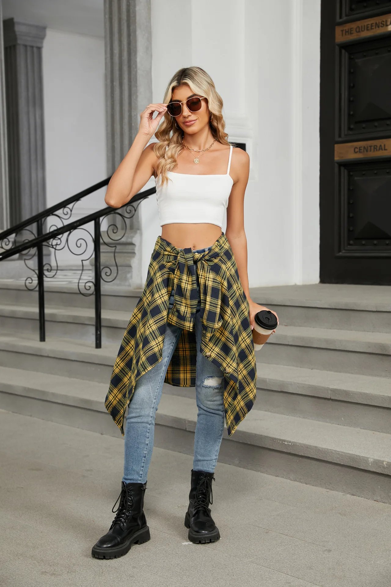 Loose Pocket Patchwork Single Breasted Cardigan Shirt For Women 2024 Autumn/winter Checkered Shirt Brushed Long Sleeved Blouses